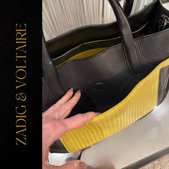 ZADIG & VOLTAIRE LARGE DRAMATIC CANDIDE YELLOW AND BLACK LEATHER TOTE - Picture 10 of 11